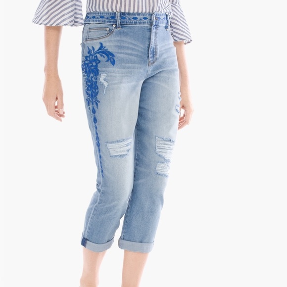 CHICOS So Slimming Embroidered Girlfriend Crop Jeans - Picture 1 of 11